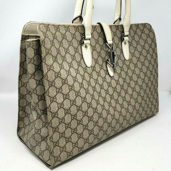 Gucci Jackie GG Supreme Canvas Ivory Leather Large Tote Computer Hand Bag Auth - Picture 2 of 12